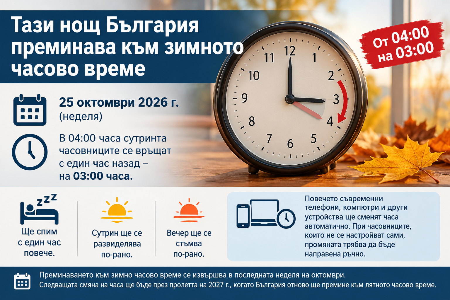 Тази нощ България преминава към зимното часово време
